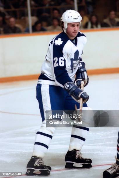 Barry Melrose of the Toronto Maple Leafs skates against the Edmonton Oilers during NHL game action on January 14, 1981 at Maple Leaf Gardens in...