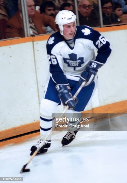 Barry Melrose of the Toronto Maple Leafs skates against the Minnesota North Stars during NHL game action on December 17, 1980 at Maple Leaf Gardens...