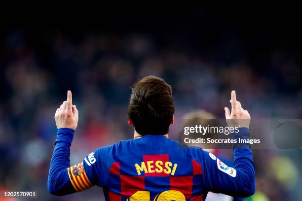 Lionel Messi of FC Barcelona celebrates 1-0 during the La Liga Santander match between FC Barcelona v Eibar at the Camp Nou on February 22, 2020 in...