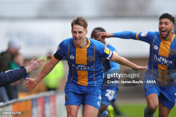 David Edwards of Shrewsbury Town celebrates after scoring a goal to make it 1-0 during the Sky Bet League One match between Shrewsbury Town and...