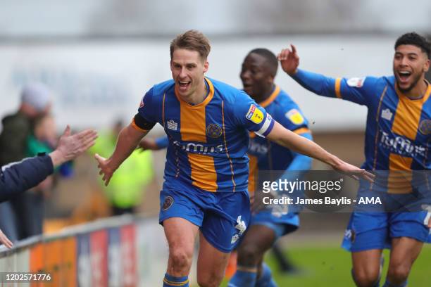 David Edwards of Shrewsbury Town celebrates after scoring a goal to make it 1-0 during the Sky Bet League One match between Shrewsbury Town and...