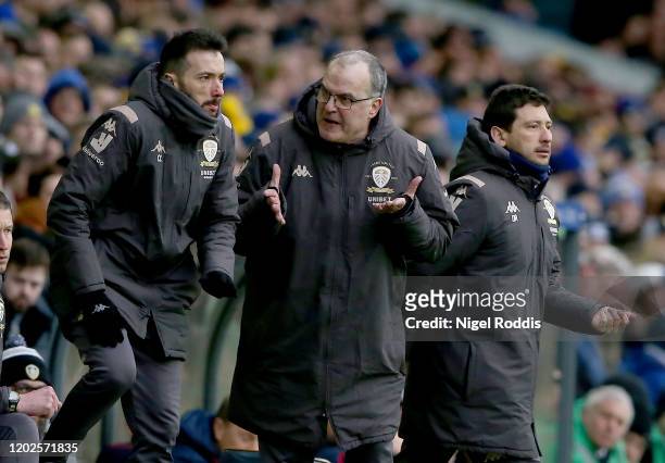 Marcelo Bielsa manager of Leeds United reacts during the Sky Bet Championship match between Leeds United and Reading at Elland Road on February 22,...