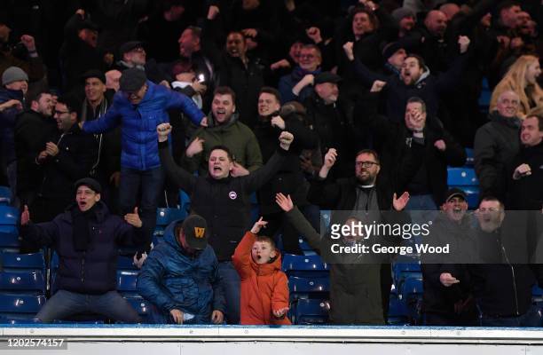 Millwall fans celebrate their sides first goal during the Sky Bet Championship match between Leeds United and Millwall at Elland Road on January 28,...