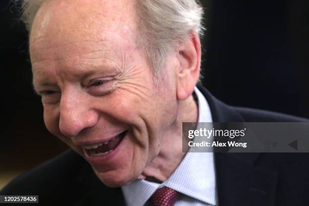 Former U.S. Sen. Joseph Lieberman arrives at a press conference with U.S. President Donald Trump and Israeli Prime Minister Benjamin Netanyahu in the...