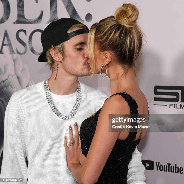 Justin Bieber and Hailey Rhode Bieber attend YouTube Originals "Justin Bieber: Seasons" premiere at Regency Bruin Theater on January 27, 2020 in...