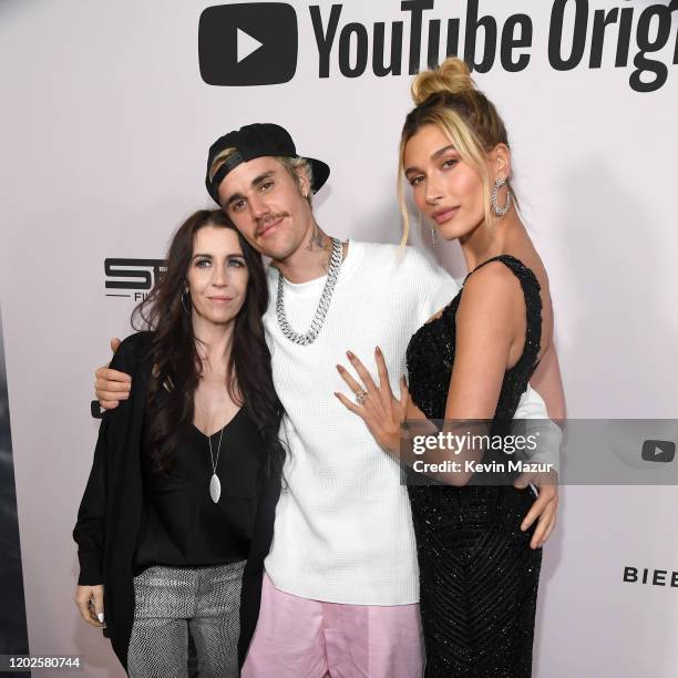 Pattie Mallette, Justin Bieber and Hailey Rhode Bieber attend YouTube Originals "Justin Bieber: Seasons" premiere at Regency Bruin Theater on January...