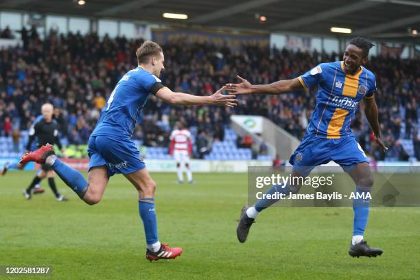 David Edwards of Shrewsbury Town celebrates after scoring a goal to make it 1-0 with Omar Beckles of Shrewsbury Town during the Sky Bet League One...