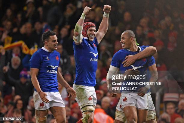 France's wing Gael Fickou celebrates after scoring a try but it is disallowed for a forward pass during the Six Nations international rugby union...