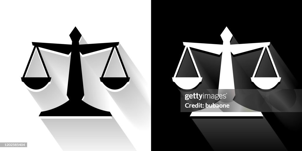 Icona di Justice Balance in bianco e nero con ombra lunga