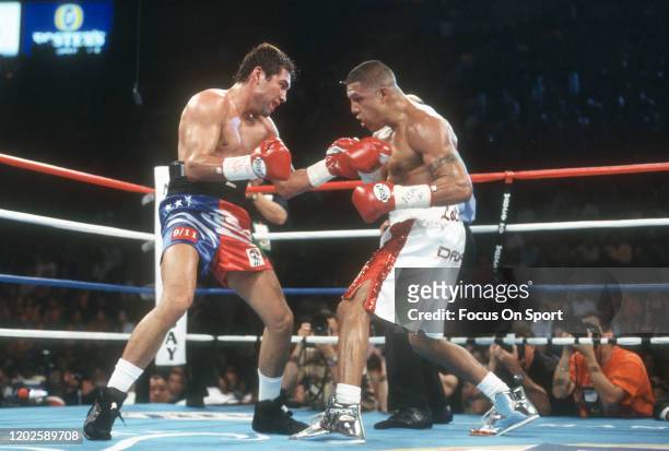 Oscar De La Hoya and Fernando Vargas fight for the IBA, WBC, WBA, Ring and Lineal light middleweight titles on September 14, 2002 at the Mandalay Bay...