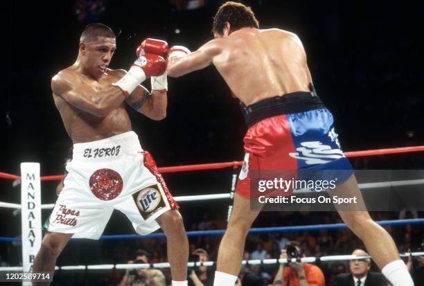 Oscar De La Hoya and Fernando Vargas fight for the IBA, WBC, WBA, Ring and Lineal light middleweight titles on September 14, 2002 at the Mandalay Bay...