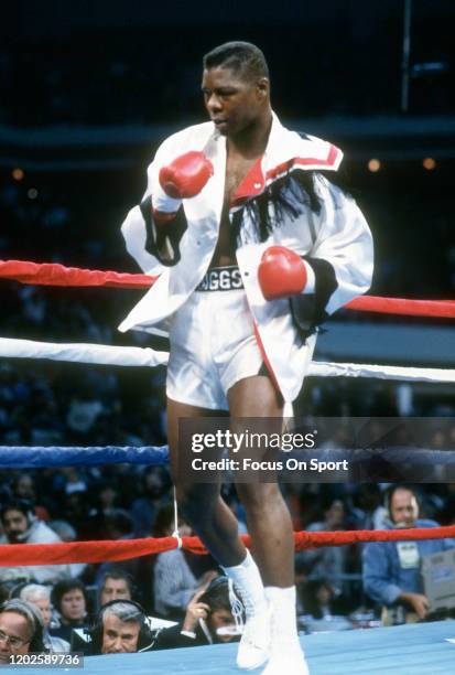 Tyrell Biggs steps into the ring prior to fighting Lennox Lewis in a heavyweight match on November 23, 1991 at the Omni Coliseum in Atlanta, Georgia....
