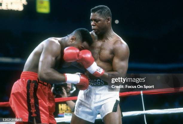 Lennox Lewis and Tyrell Biggs fight in a heavyweight match on November 23, 1991 at the Omni Coliseum in Atlanta, Georgia. Lewis won the fight with a...