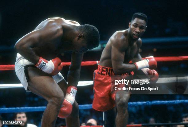 Lennox Lewis and Tyrell Biggs fight in a heavyweight match on November 23, 1991 at the Omni Coliseum in Atlanta, Georgia. Lewis won the fight with a...