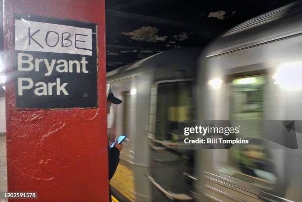 Januay 27: MANDATORY CREDIT Bill Tompkins/Getty Images The name 'KOBE' affixed above the Bryant Park subway station signage in memorium for Kobe...