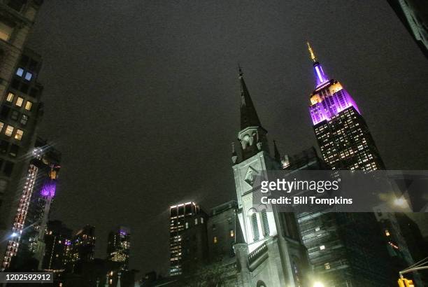 Januay 27: MANDATORY CREDIT Bill Tompkins/Getty Images Lights aglow in purple and gold atop the Empire State Building in memorium for Kobe Bryant on...