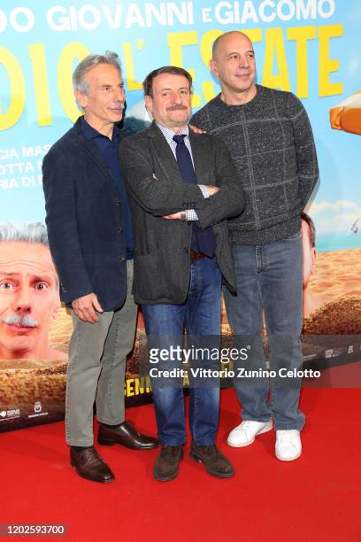 Giovanni Storti, Giacomo Poretti and Aldo Baglio attend "Odio L'Estate" Photocall on January 28, 2020 in Milan, Italy.