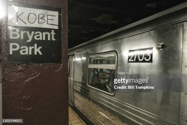 Januay 27: MANDATORY CREDIT Bill Tompkins/Getty Images The name 'KOBE' affixed above the Bryant Park subway station signage in memorium for Kobe...