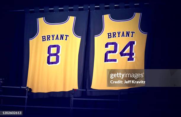 Kobe Bryant's jerseys lit up in memoriam for the late basketball star during the 62nd Annual GRAMMY Awards at Staples Center on January 26, 2020 in...