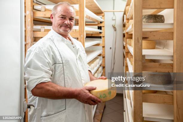 porträt von proud senior cheese maker holding cheese in cellar - lagerfoto - käselaib stock-fotos und bilder