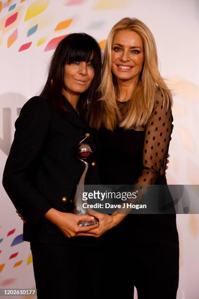 Claudia Winkleman and Tess Daly win the Best Talent Show Award for "Strictly Come Dancing" at the National Television Awards 2020 at The O2 Arena on...