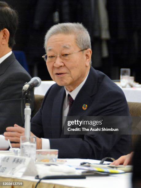 Keidanren Chairman Hiroaki Nakanishi talks during the meeting with Rengo as the 'Shunto' spring wage negotiation between Japanese companies and their...