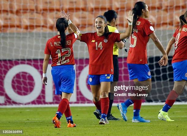 Priscila Chinchilla of Costa Rica celebrates with teammate Lixy Rodriguez after scoring a goal during the second half against the Panama during a...