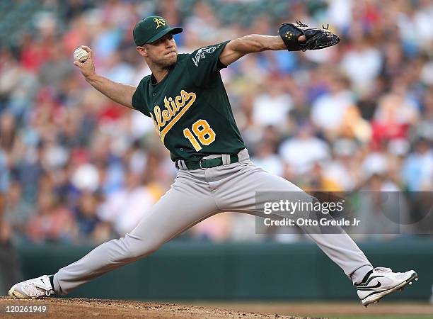 Starting pitcher Rich Harden of the Oakland Athletics pitches against the Seattle Mariners at Safeco Field on August 2, 2011 in Seattle, Washington.