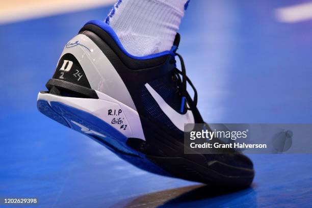 Wendell Moore Jr. #0 of the Duke Blue Devils honors former NBA great Kobe Bryant and his daughter Gianna "Gigi" Bryant during a game against the...