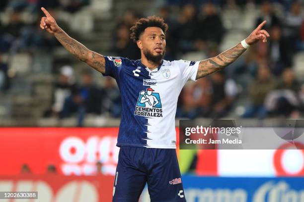 Colin Kazim Richards of Pachuca celebrates after scoring the first goal of his team during a match between Pachuca and Venados as part of the Copa MX...