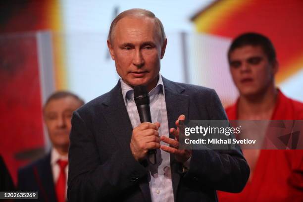 Russian President Vladimir Putin speeches during the First Combat Sambo Professional Championship in Sochi, Russia, February 2020. Vladimir Putin is...