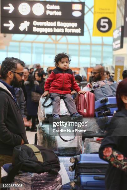 Boy sits on a baggage cart amungst a crowd of passengers waiting to check-in for their flight at Pearson International Airport in Ontario, Canada....