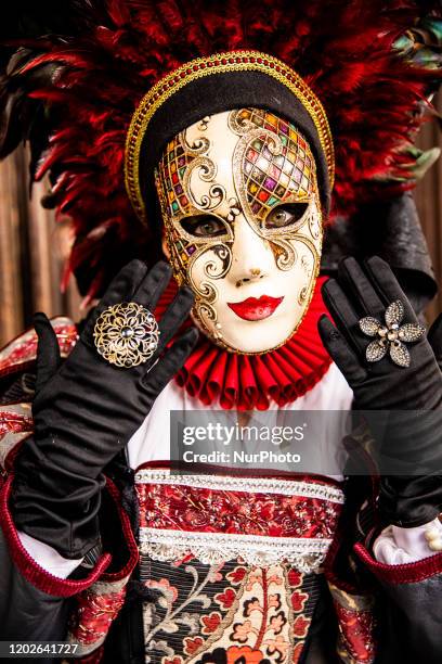 People wearing Carnival costume poses near the Saint Mark's on February 22, 2020 in Venice, Italy. The theme for the 2020 edition of Venice Carnival...