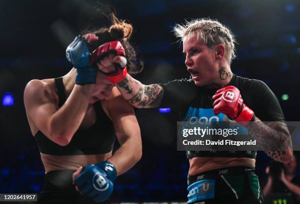 Dublin , Ireland - 22 February 2020; Bec Rawlings, right, and Elina Kallionidou during their women's flyweight bout at Bellator 240 in the 3 Arena,...