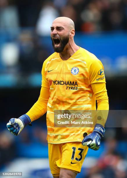 Willy Caballero of Chelsea during the Premier League match between Chelsea FC and Tottenham Hotspur at Stamford Bridge on February 22, 2020 in...