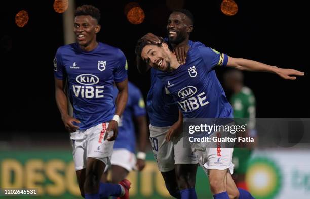 Lica of Belenenses SAD celebrates with teammates after scoring a goal during the Liga NOS match between Belenenses SAD and CS Maritimo at Estadio...