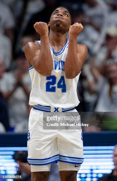 KyKy Tandy of the Xavier Musketeers reacts after a play during the second half against the Villanova Wildcats at Cintas Center on February 22, 2020...