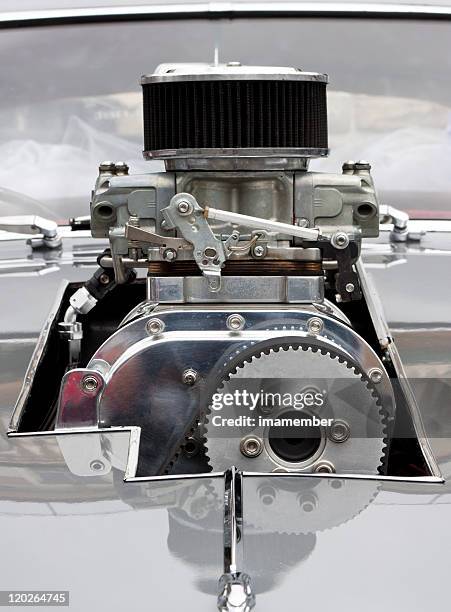 front view of chrome supercharger car engine hot rod - screw compressor stock pictures, royalty-free photos & images