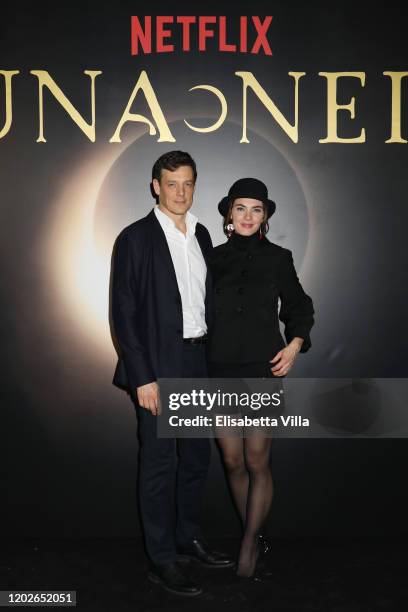 Giorgio Lupano and Enrica Pintore attends the Netflix's "Luna Nera" Premiere photocall on January 28, 2020 at Horti Sallustiani in Rome, Italy.