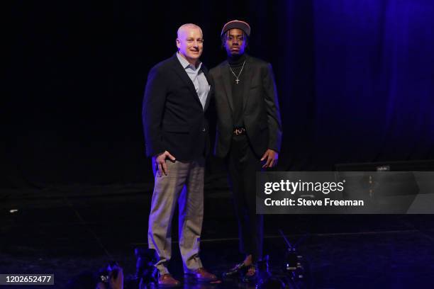 Managing Director of the NBA 2K League, Brendan Donohue poses for a photo with Duck after being drafted number two overall by Knicks Gaming during...