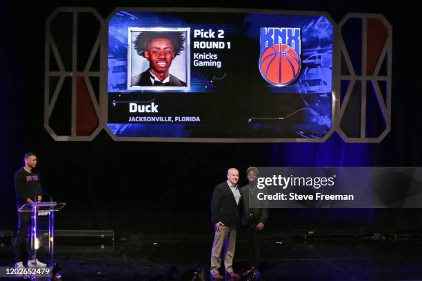 Managing Director of the NBA 2K League, Brendan Donohue poses for a photo with Duck after being drafted number two overall by Knicks Gaming during...