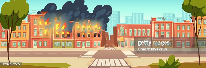 Fire In City House Burning Building Cartoon High-Res Vector Graphic ...