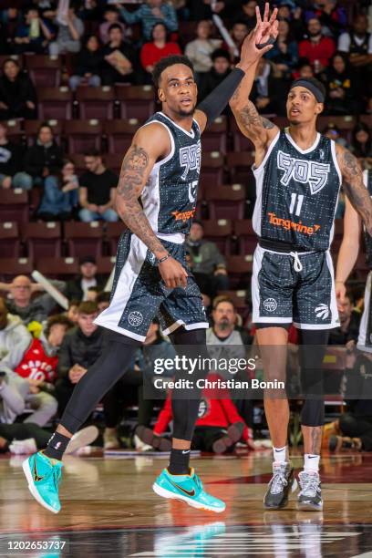 February 22: Oshae Brissett and Devin Robinson of the Mississauga Raptors 905 high five mid court during the game against the Maine Red Claws at the...