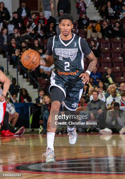 February 22: Michael Bethea Jr. #2 of the Mississauga Raptors 905 dribbles the ball up court against the Maine Red Claws at the Paramount Fine Foods...