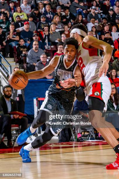 February 22: Malcolm Miller of the Mississauga Raptors 905 attempts to drive around a defending Kaiser Gates of the Maine Red Claws at the Paramount...