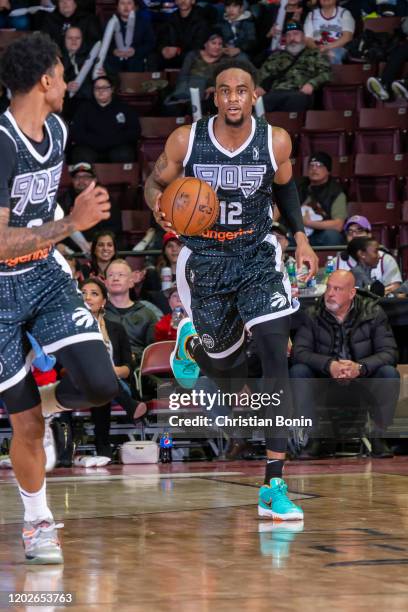 February 22: Oshae Brissett of the Mississauga Raptors 905 dribbles the ball up court against the Maine Red Claws at the Paramount Fine Foods Centre...