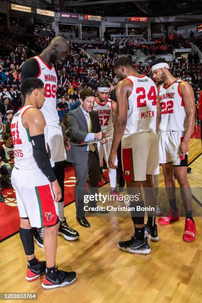 February 22: Maine Red Claws Head Coach Darren Erman draws out the next set play during a break in action against the Mississauga Raptors 905 at the...