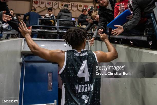 February 22: Matt Morgan of the Mississauga Raptors 905 high fives fans after the game against the Maine Red Claws at the Paramount Fine Foods Centre...