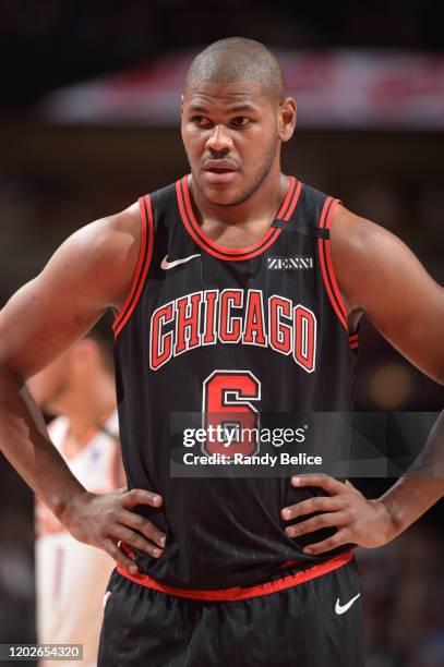 Cristiano Felicio of the Chicago Bulls looks on during the game against the Phoenix Suns on February 22, 2020 at the United Center in Chicago,...