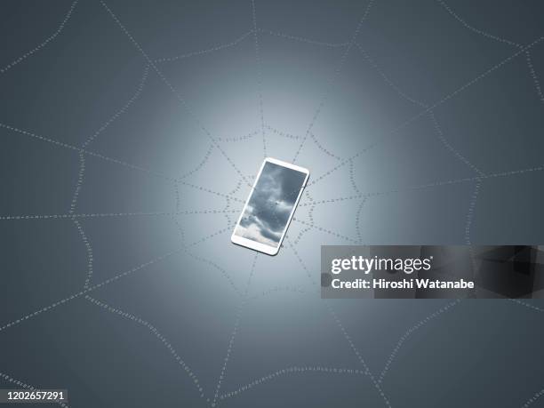 smart phone hanging on a spider web - verraad stockfoto's en -beelden